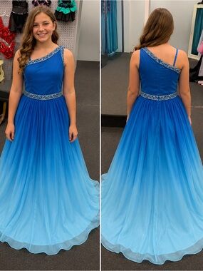 Asymmetric Beaded Ombre Blue Formal Dress for Girls